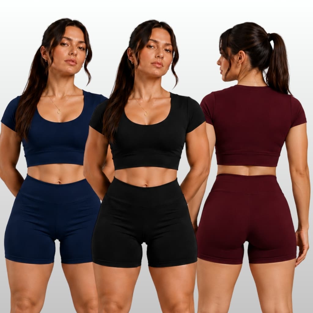 Conjunto Academia Top Manga Curta Cropped e Short Colado Empina bumbum Fitness