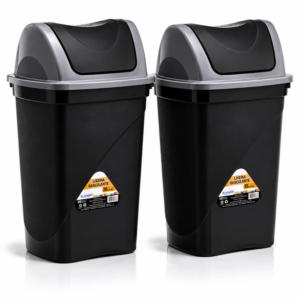 Jogo 2 Lixeiras 15 Litros Basculantel Plástica Black Steel Redonda Para Cozinha Banheiro Escritório