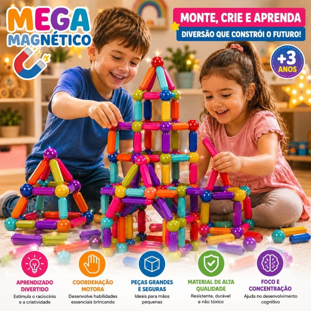 Blocos De Montar Divertido Infantil Com Imã Magnéticos 84 Peças Brinquedo Educativo Bloco Magico