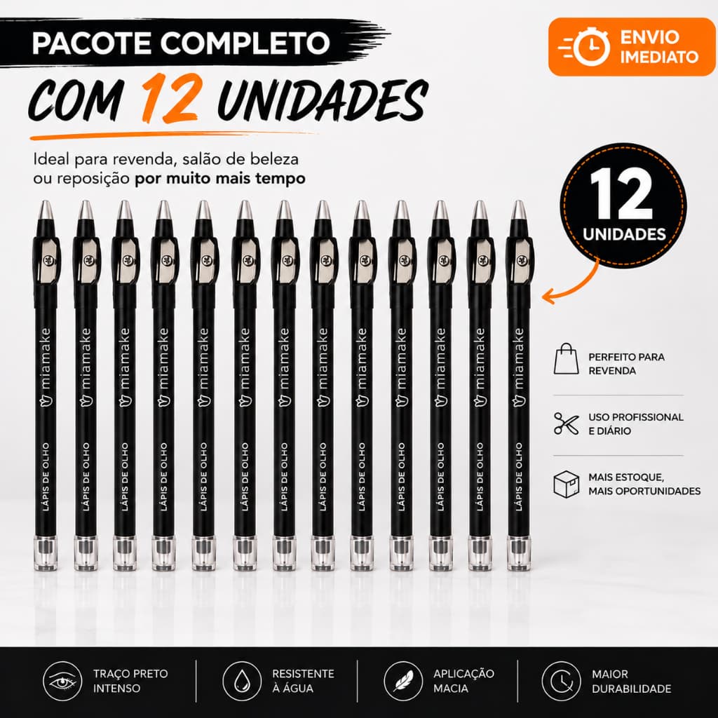 Pacote C/ 12 Lápis de Olho Preto com Apontador Mia Make Atacado