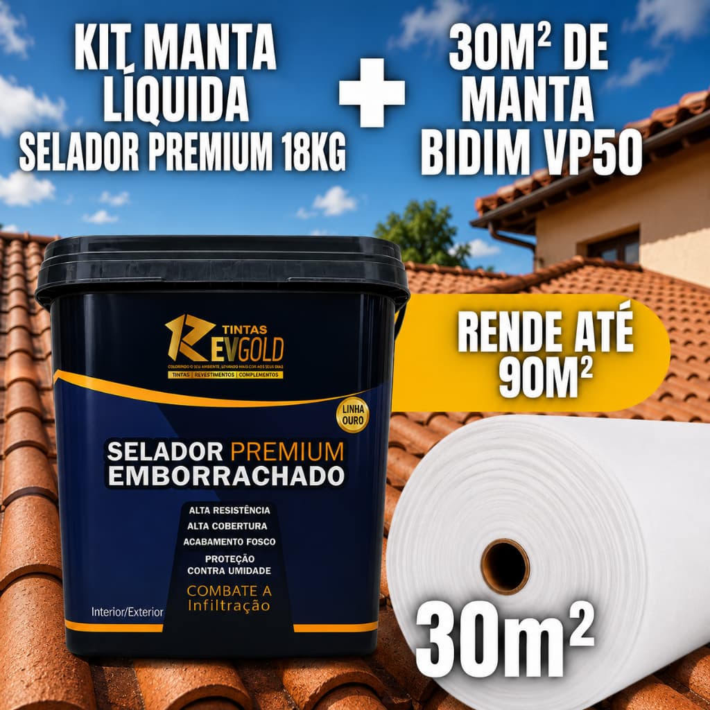 KIT Borracha Líquida SeladorPremium 18Kg + Bidim VP50 50m² - Laje Telhado Super Proteção Contra Infiltra