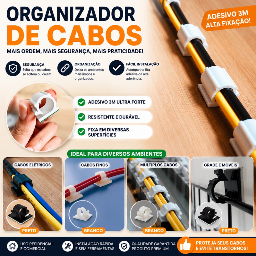 Clip organizador fixador fios e cabos 13 mm auto adesivo fixa fácil mangueira 3/8"