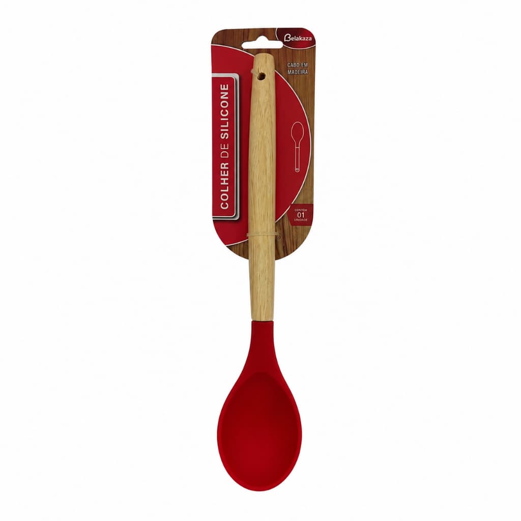 Colher Silicone Cabo Madeira 29,5x6cm Vermelha Belakaza