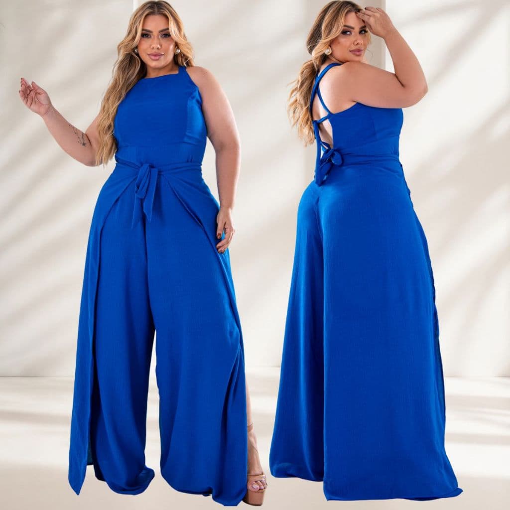 Macacão Pantalona Plus Size Envelope Longo 48 ao 52. Casual Elegante Amarração nas Costas Crepe Dunas Moderno.