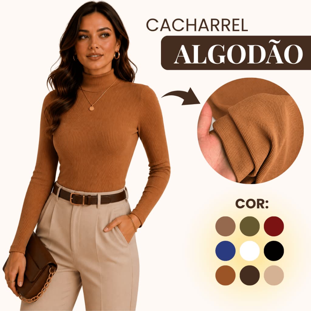 Blusa Feminina Cacharrel Canelada Algodão Ribana Premium Manga Longa Gola Alta