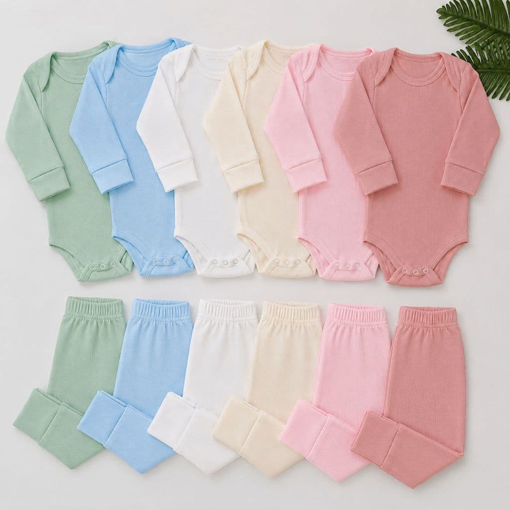 Kit 4 Peças Conjunto Canelado Bebê Infantil Menino Menina Manga Longa Body + Calça Algodão Macio Unissex Enxoval