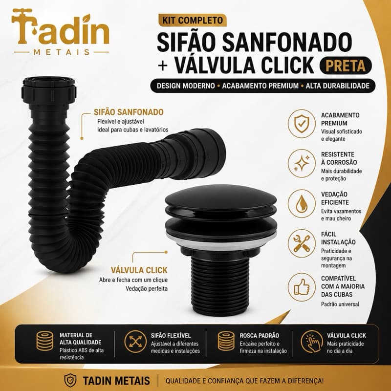 Kit Sifão Sanfonado Preto + Válvula Click Preta para Lavatório