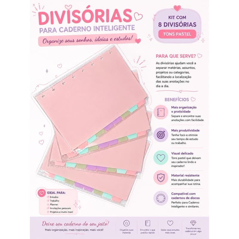 Divisórias A5 para Caderno Inteligente Kit 8 Abas Pastel Organizadoras
