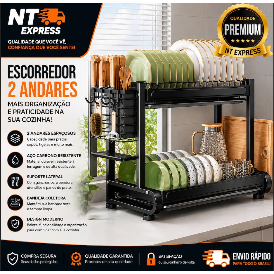 Escorredor Loucas 2 Andares Multifuncional Bancada Preto Fosco Organizador Cozinha