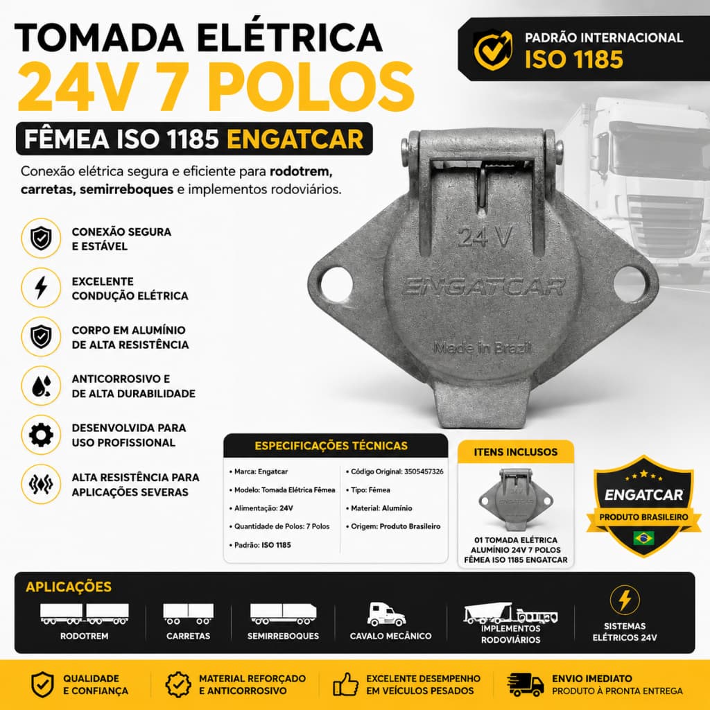 TOMADA 24V 7 PINOS FEMEA ALUMINIO ENGATE REBOQUE CARRETINHA REFORCADA UNIVERSAL ELÉTRICA