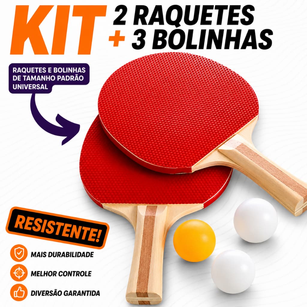KIT 2 Raquetes + 3 Bolinhas - Tênis de mesa Ping Pong