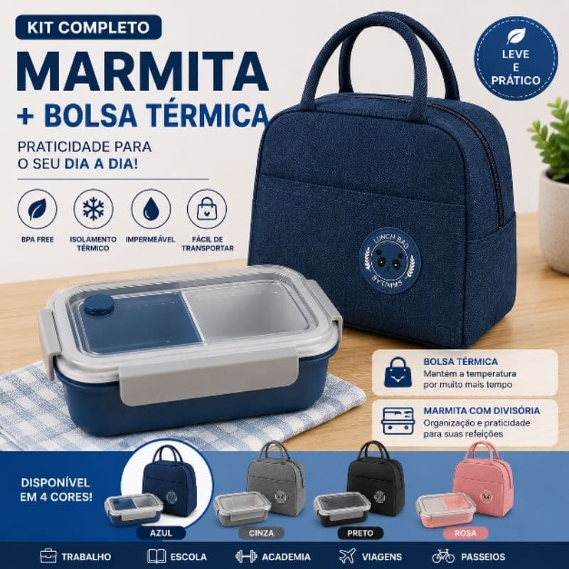 kit Bolsa Térmica Marmita Lancheira Unissex | Bolsa Porta Alimentos Impermeável com Alça | Escola Trabalho Academia Viag