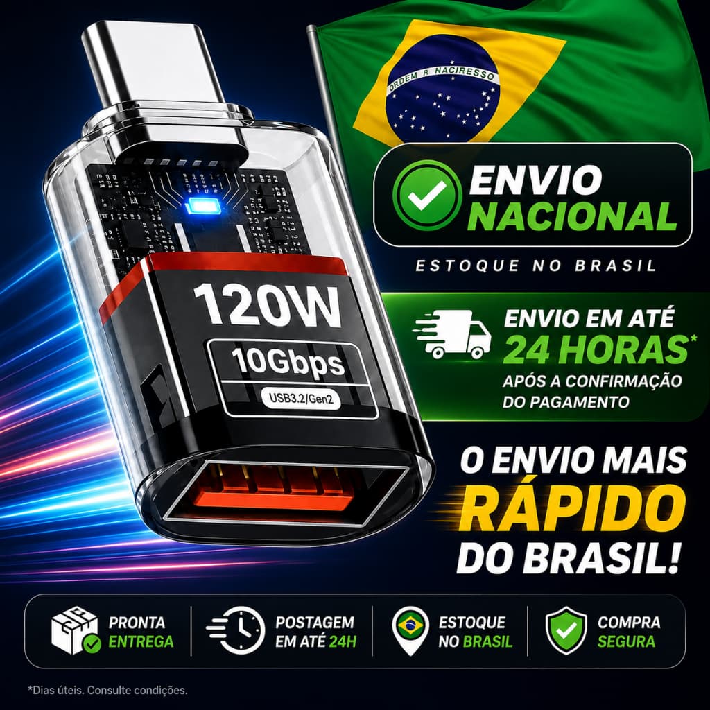 Adaptador OTG USB Tipo C para USB Fêmea USB 3.2 10Gbps PD 120W Conversor Dados e Carregamento
