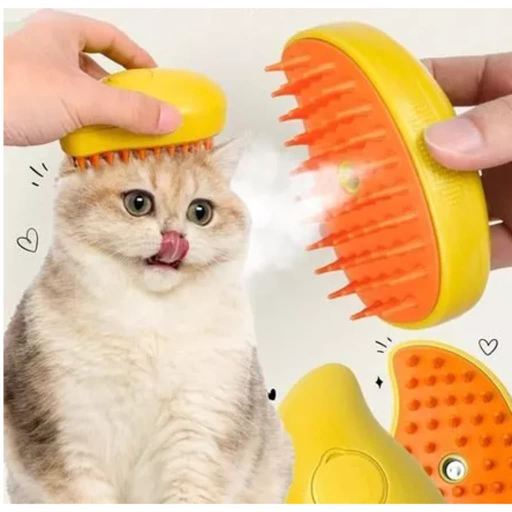 Escova a Vapor Pet 3 em 1 Removedor de Pelos Gato Cachorro Banho a Seco USB