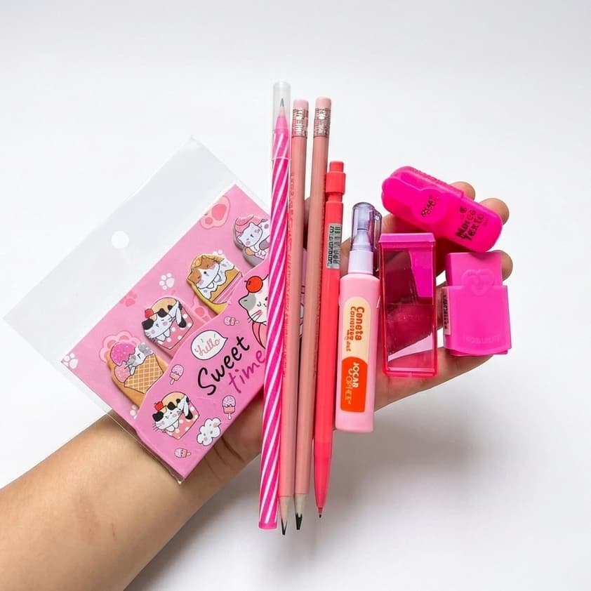 Kit Escolar Rosa 9 Itens Material Escolar Completo Papelaria Lapiseira Caneta Marca Texto