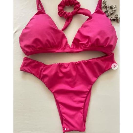 Biquíni fixo com calcinha fio duplo rosa pink - bojo removível