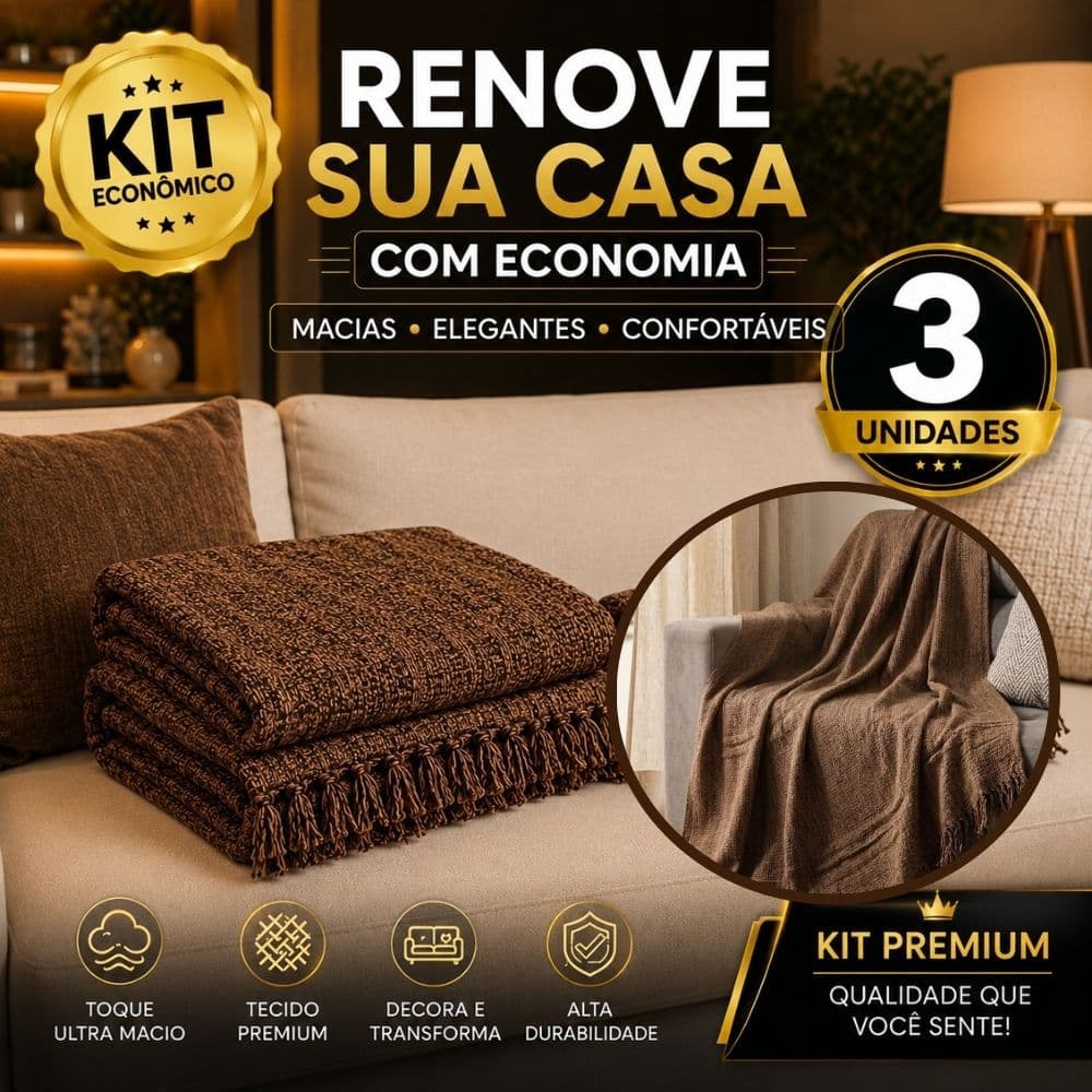 Kit 3 Mantas Para Sofá Luxuosa 100% Algodão 210x120 Tipo Capa Protetora Decorativa