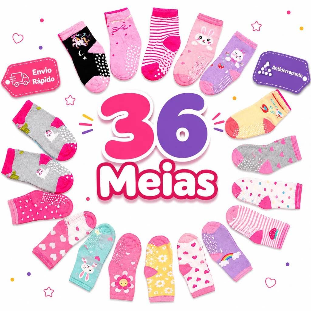 36 Meias Infantil Menina Bebê Antiderrapante Coloridas Sortidas Do 1 ao 10 Anos Lindas Confortáveis
