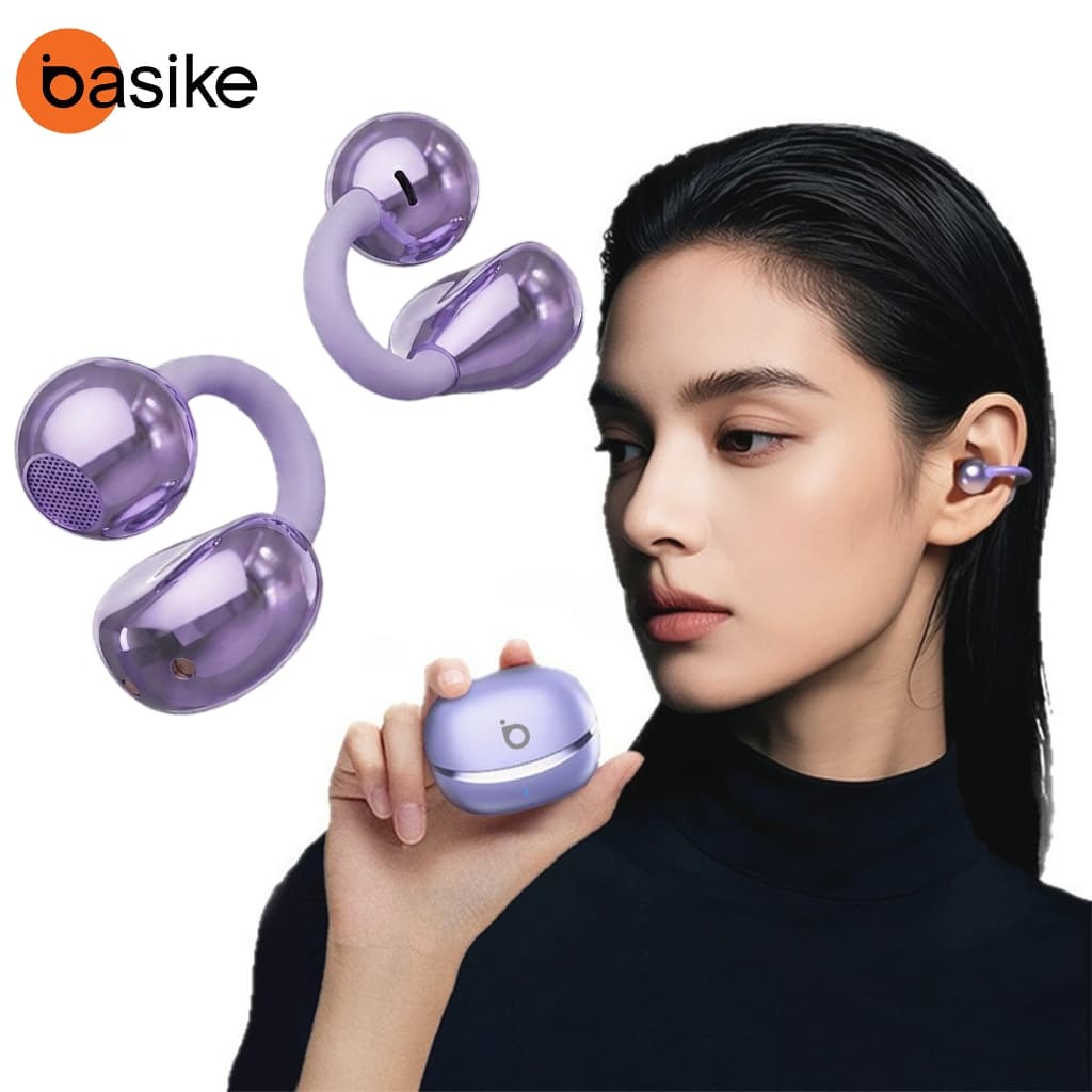 Fone de Ouvido Sem Fio Bluetooth 5.4 BASIKE OWS Esportivo Clip de Orelha Confortável