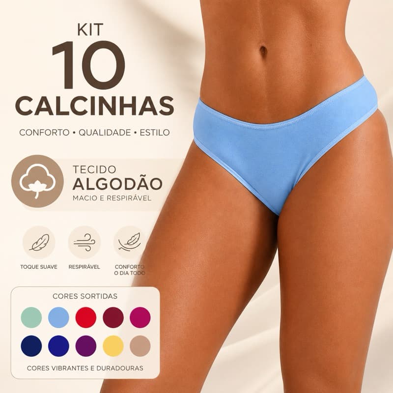 Kit 10 Calcinhas Femininas Algodão Cotton Básica Confortável