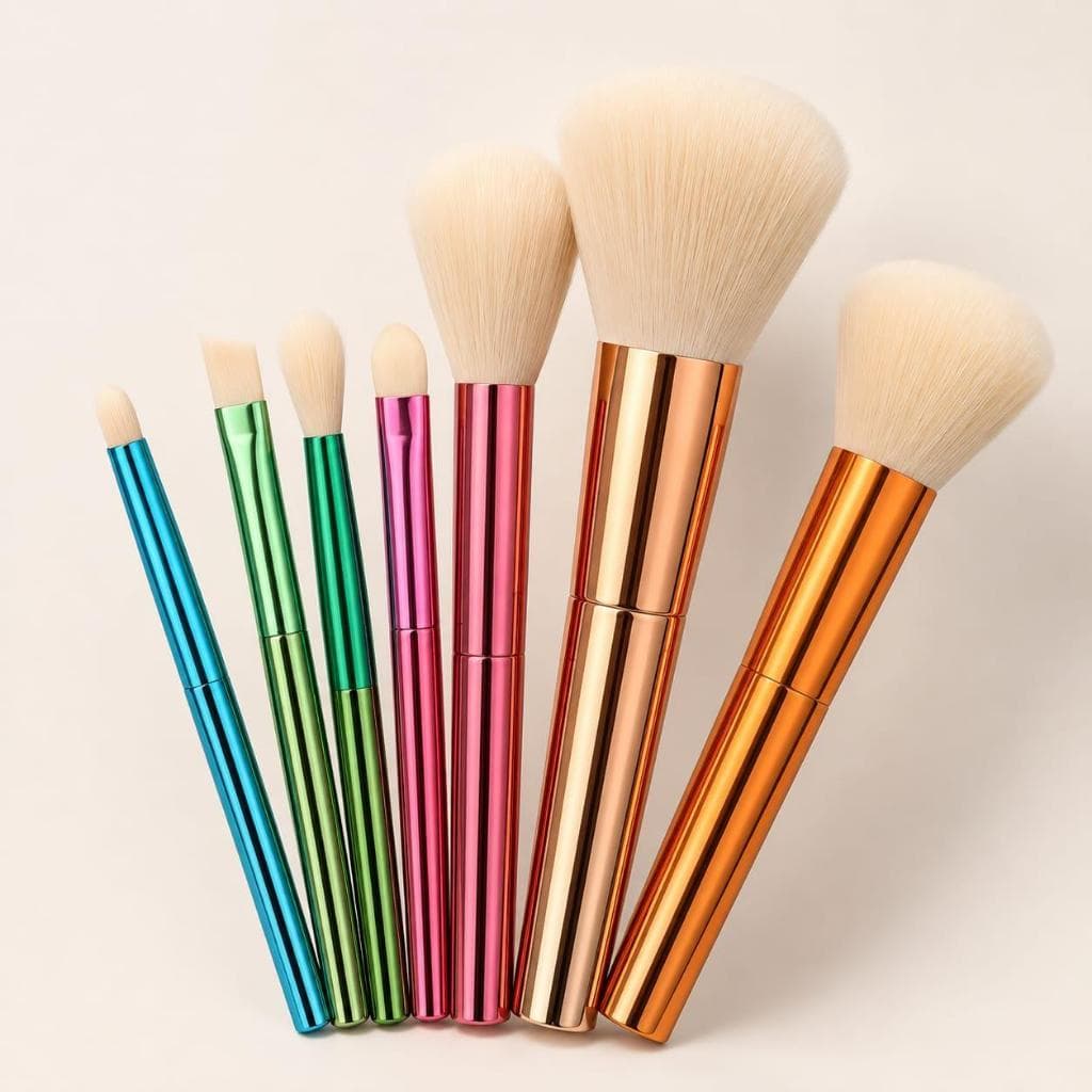 Kit 7 Pincéis de Maquiagem Profissional Coloridos Cerdas Macias para Rosto Olhos e Acabamento Ideal!