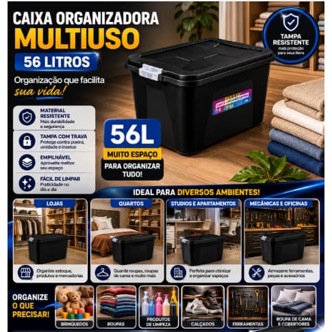 Caixa Organizadora Multiuso 56 Litros com Tampa Plástica Resistente Grande- Arqplast