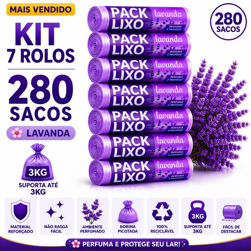Kit 7 Rolos Sacos Lixo 10L Lavanda 280 Sacos Perfumados Resistentes Cozinha Banheiro Anti Odor