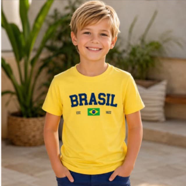 Camiseta Infantil Brasil Unissex Azul Bic 100% Algodão Premium Estampa Copa Seleção Confortável Moda Verão