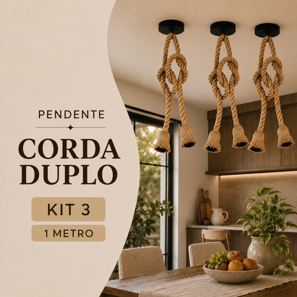 Kit 3 Luminária Pendente Corda Duplo Sisal 1 Metro Bivolt 110v 220v Vintage Rústico Decorativo Teto