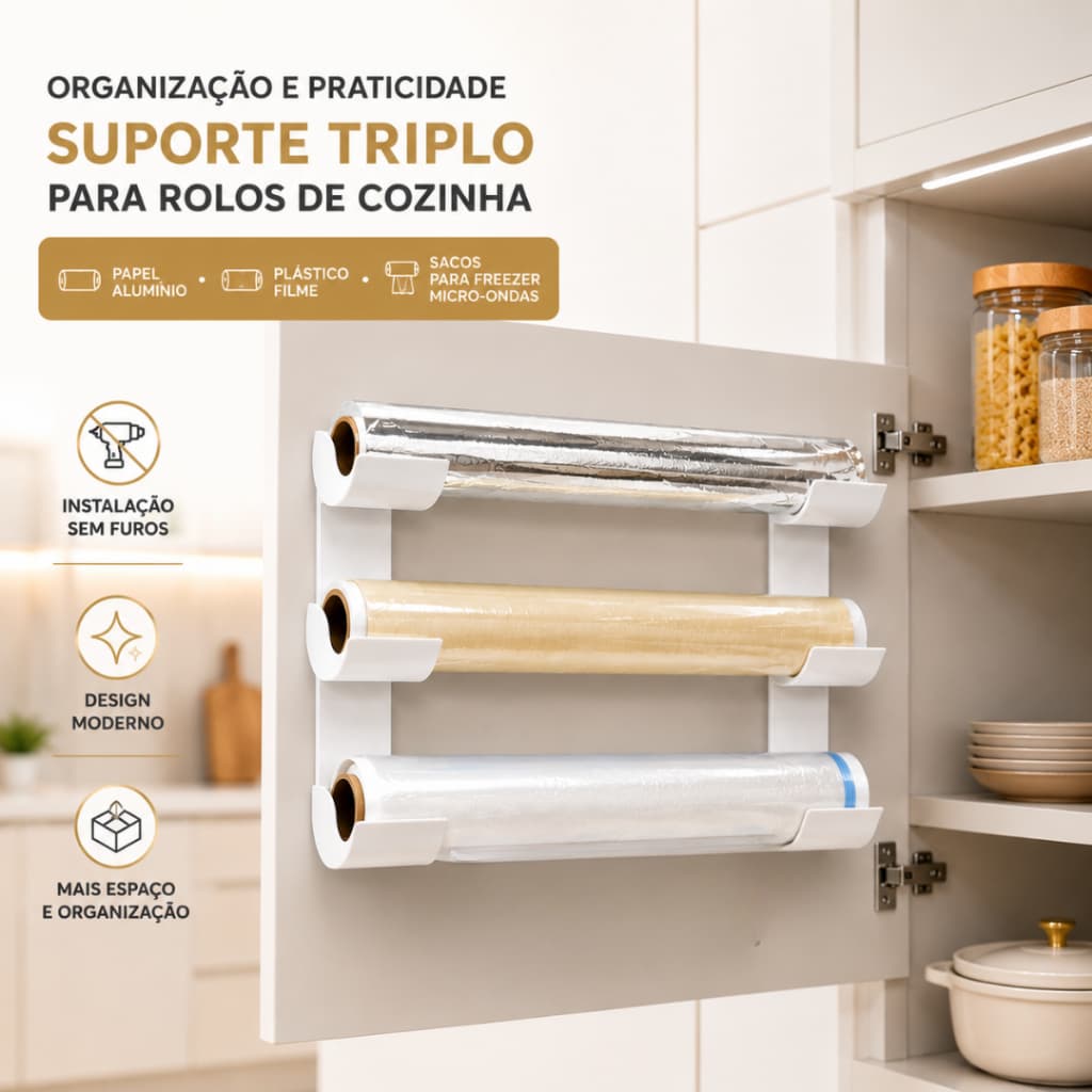 Suporte para Rolo de Cozinha Papel Alumínio/ Filme/Saco - Organizador para Ármário