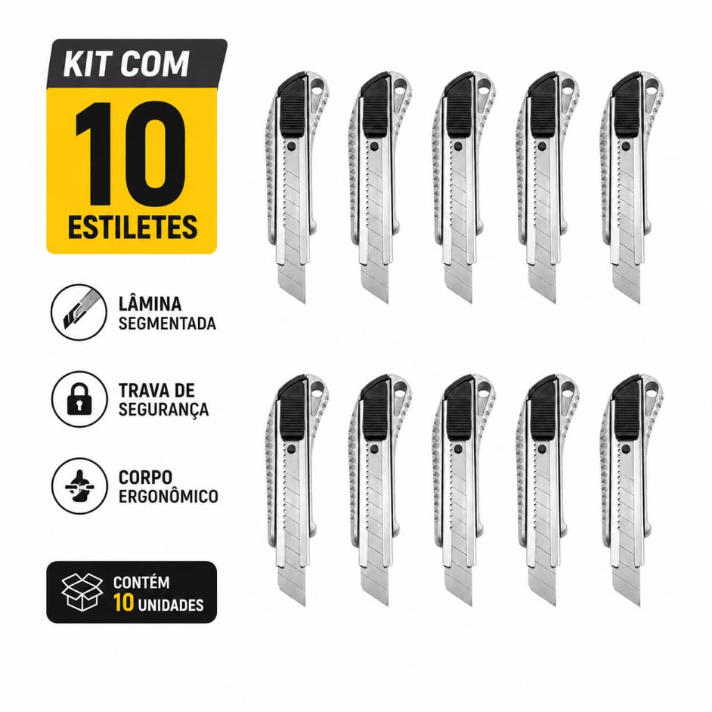 Kit 10 Estiletes Profissional 18mm Retrátil em Metal com Guia de Aço Alta Resistência