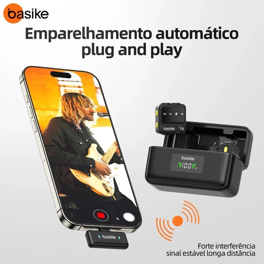 Microfone de Lapela Sem Fio Duplo Basike Para Iphone Lighting Com Redução de Ruído