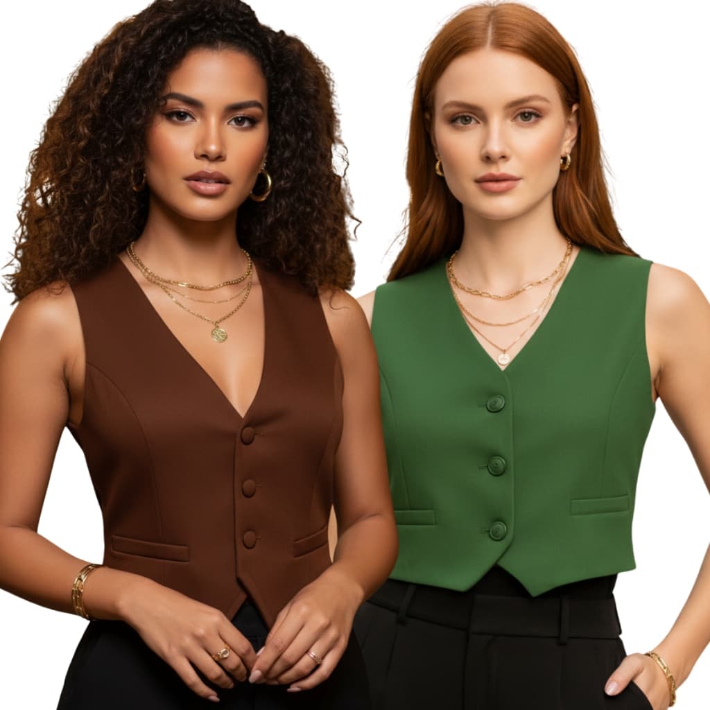 Kit 2 Colete Feminino Social Slim E Plus Size Corselet Alfaiataria Fecho Em Botão Forrado Casual