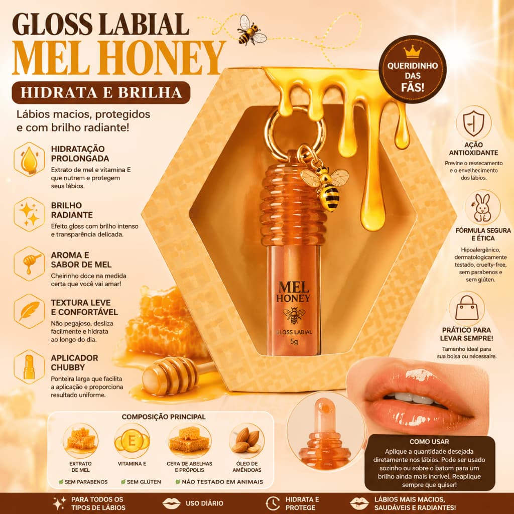 Gloss Labial Mel Honey Hidratante Com Pingente Brilho Intenso Vitamina E