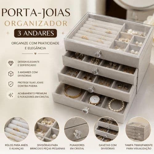 Porta-Joias Organizador 3 Andares com Gavetas Tampa Transparente e Divisórias