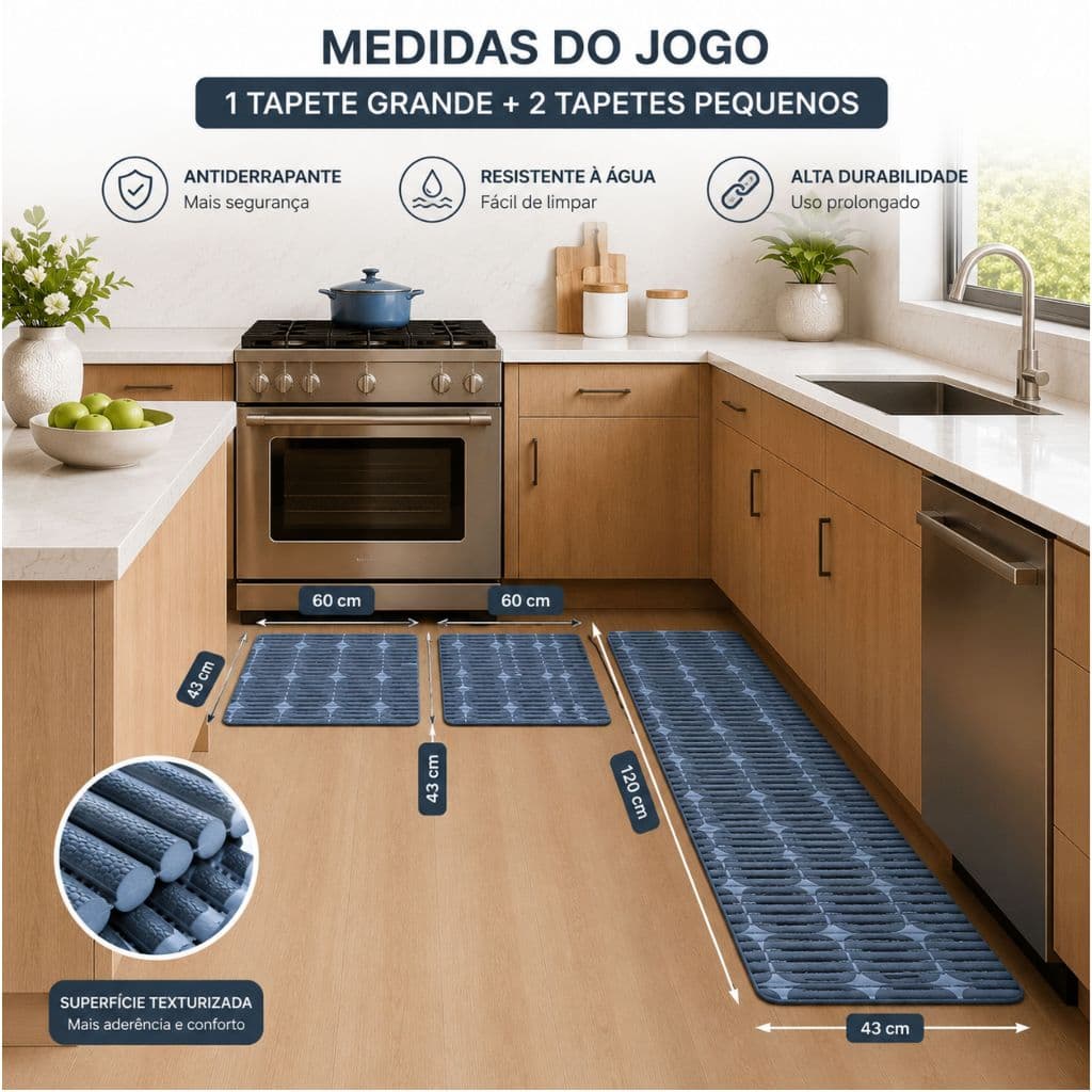 Jogo 3 Peças Passadeira Antiderrapante Impermeável Fácil Limpeza Estampado Cozinha