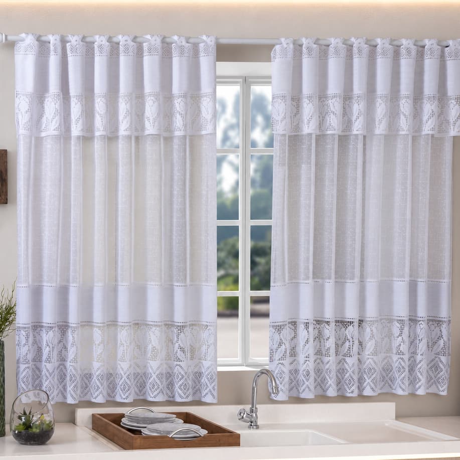 Cortina de Renda para Cozinha Floral - Tulipa 200x120cm Branco e Bege