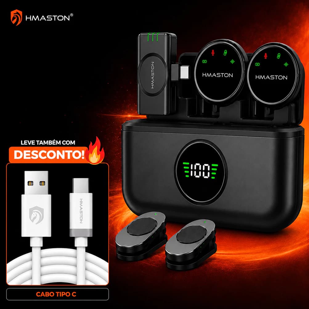Microfone de Lapela Sem Fio H’Maston MK18/MK19 Magnético Profissional com Redução de Ruído para Celular iPhone e Android