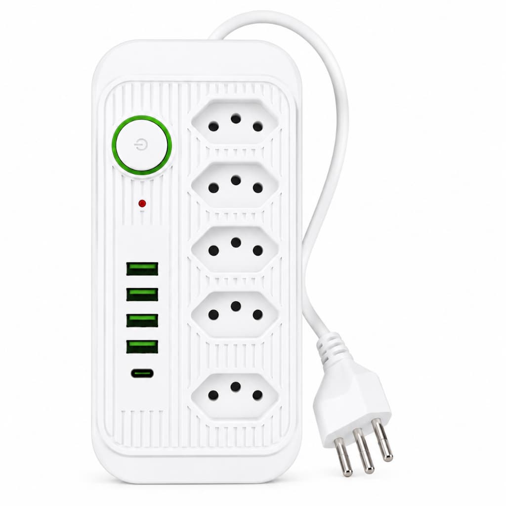 Extensão Filtro de Linha 5 Tomadas com 4 USB e 1 USB-C, Cabo 2 Metros, Bivolt, Proteção contra Surtos