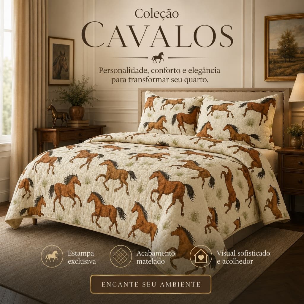 Kit Edredom Casal 100% Algodão Premium + 2 Fronhas  Estampa Exclusiva Capivara ou Cavalo Super Macio