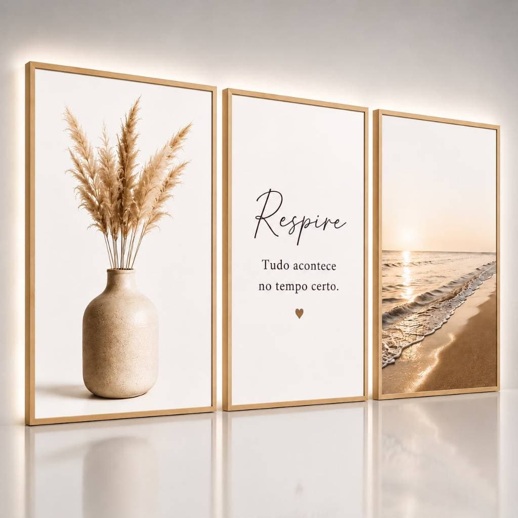 Quadro Decorativo Trio Boho Pampas Praia Respire Tudo Acontece no Tempo Certo Sala Quarto