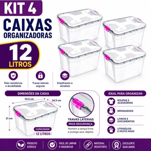 kit 4 Caixas Transparente Organizadoras 12L Cesto Com Travas Brinquedos Ferramentas Roupas Alimentos