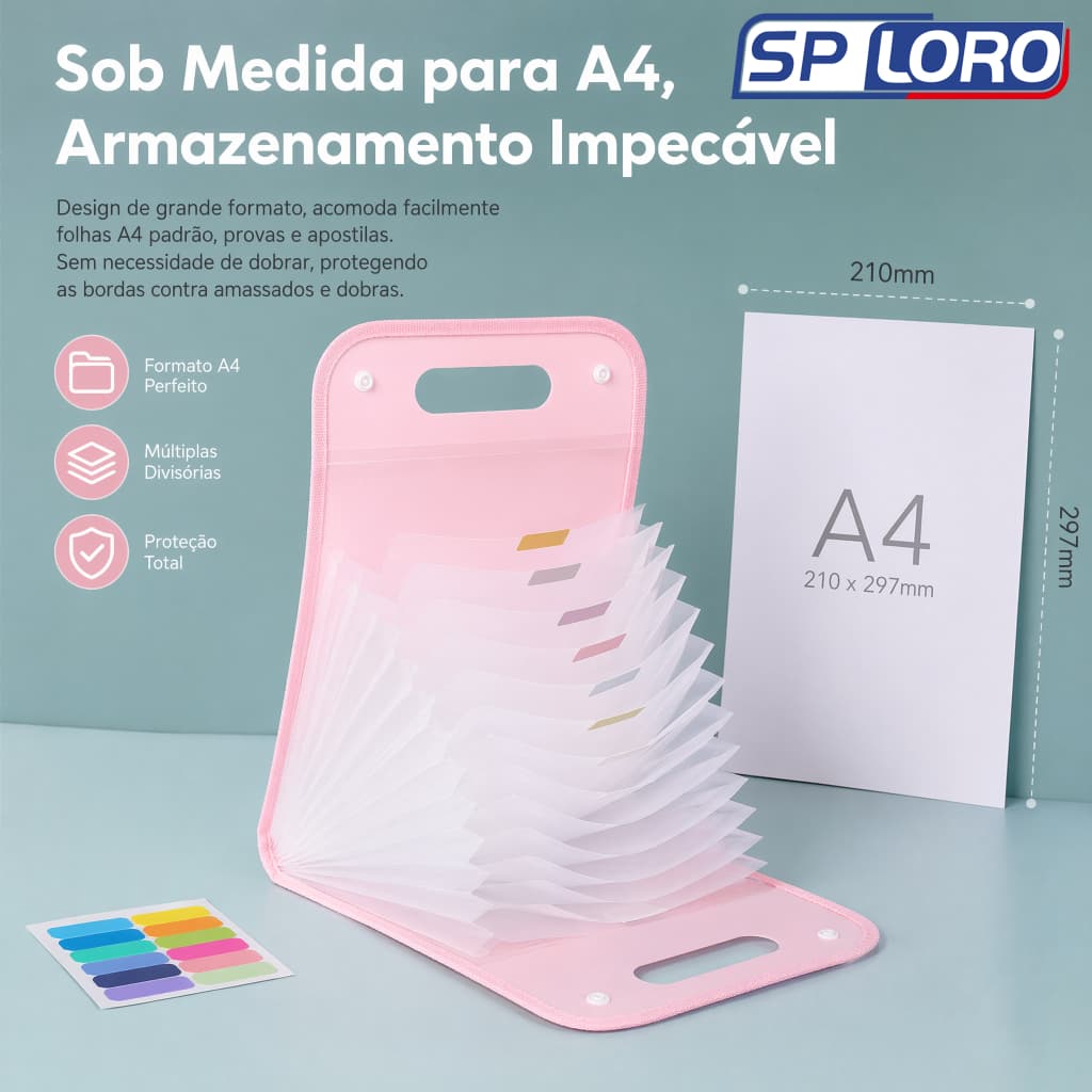 Pasta Sanfonada A4 12 Divisórias Organizadora de Documentos Expansível Cores Rosa Branco Azul Verde