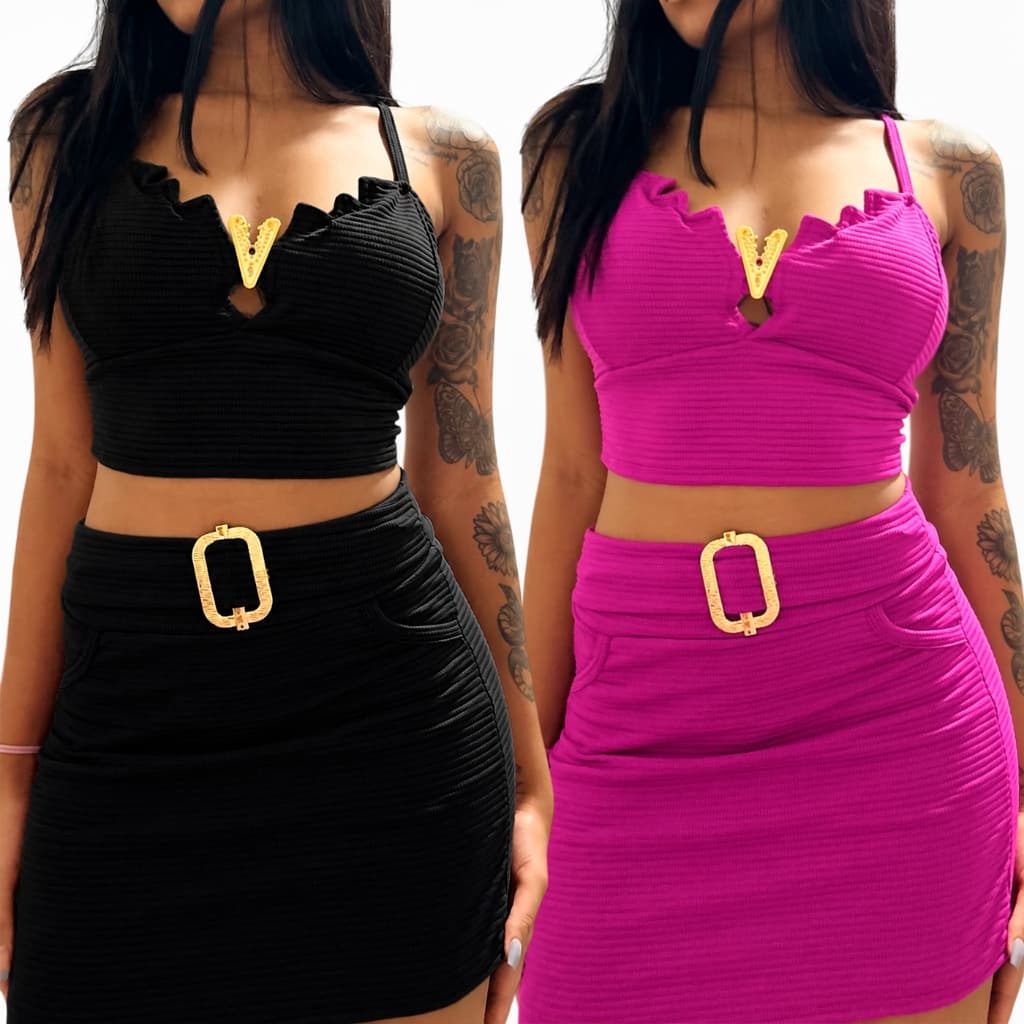 Conjunto Feminino Cropped + Short Saia Cintura Alta Texturizado com Fivela Dourada moda verão