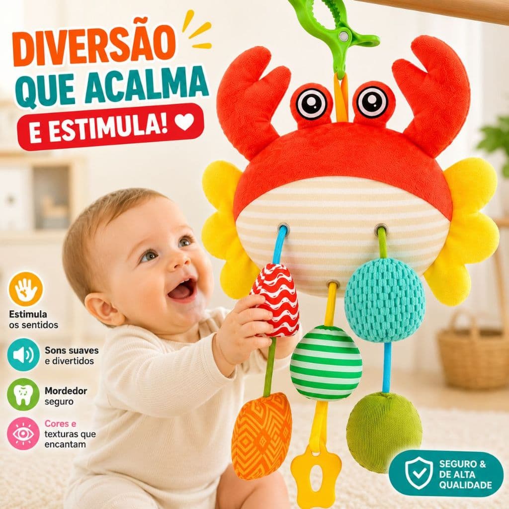 Móbile Berço Bebê Caranguejo Sensorial Com Chocalho e Mordedor Para Carinho colorido 48 cm