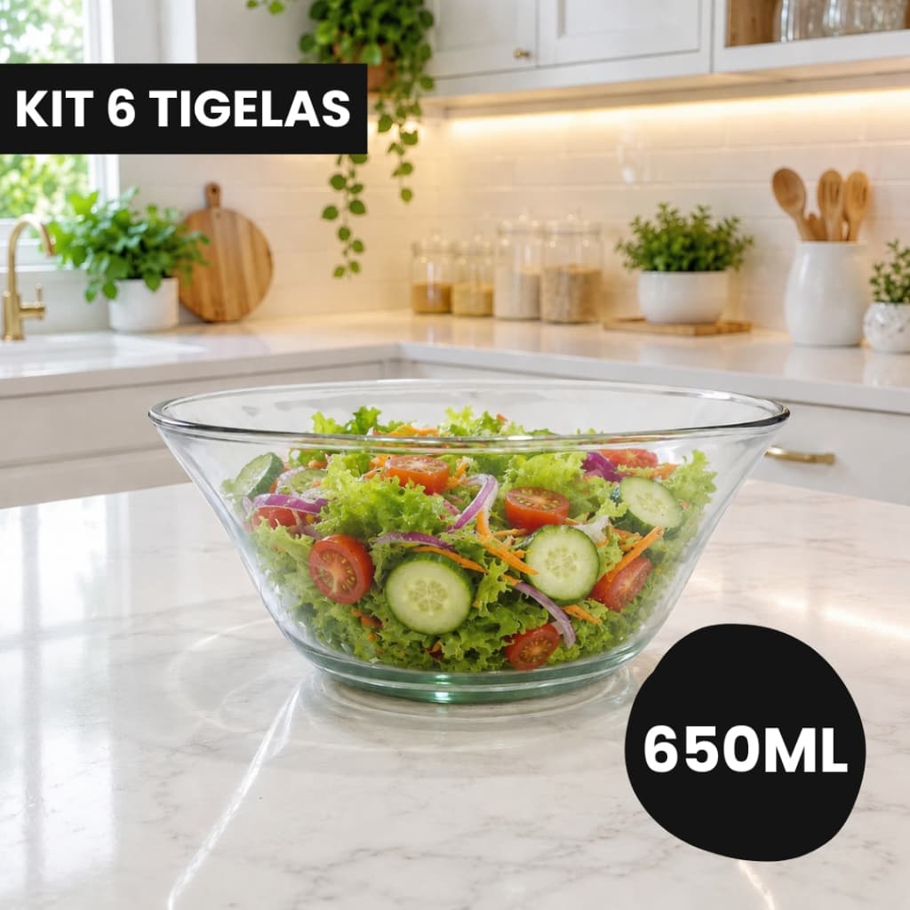 Kit Conjunto 6 Tigelas Bowl Vidro 16cm Transparente Multiuso Sobremesa Profissional Cozinha Petisqueira