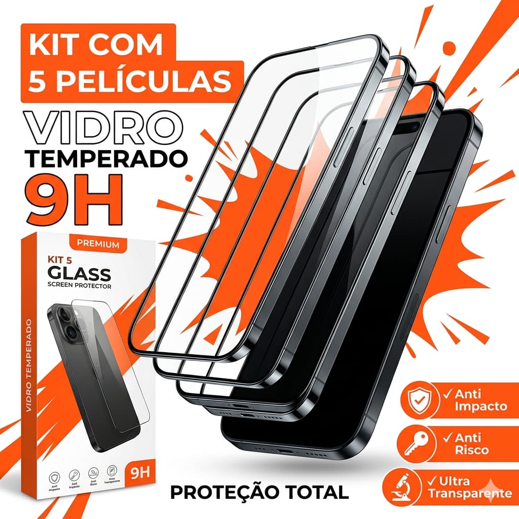 Película de Vidro Temperado 3D iPhone Kit 5 Unid Proteção Total