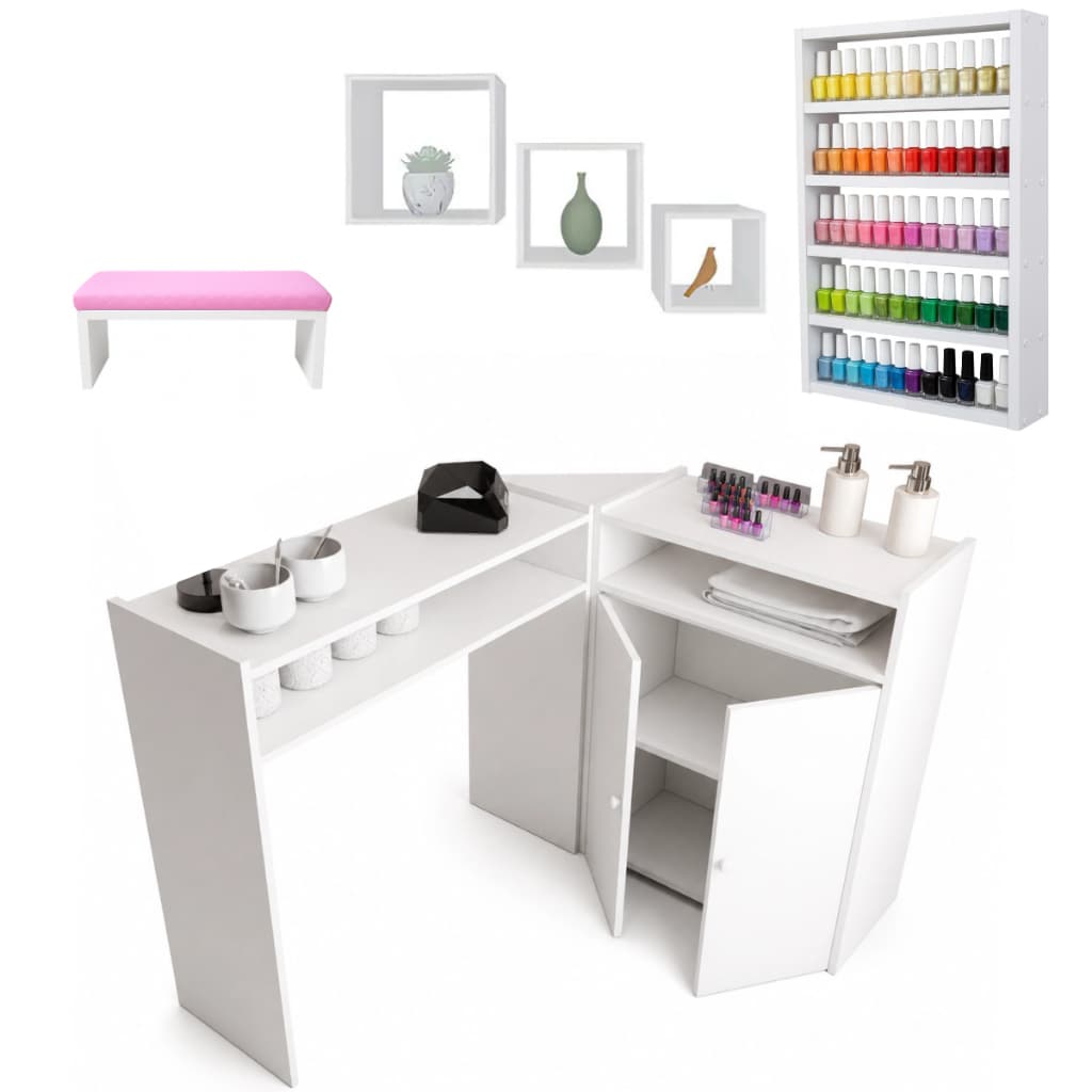 Mesa Manicure Em L Com 2 Portas + Apoio De Mãos + Jogo 3 Nichos Kit + Esmalteira Média Completa
