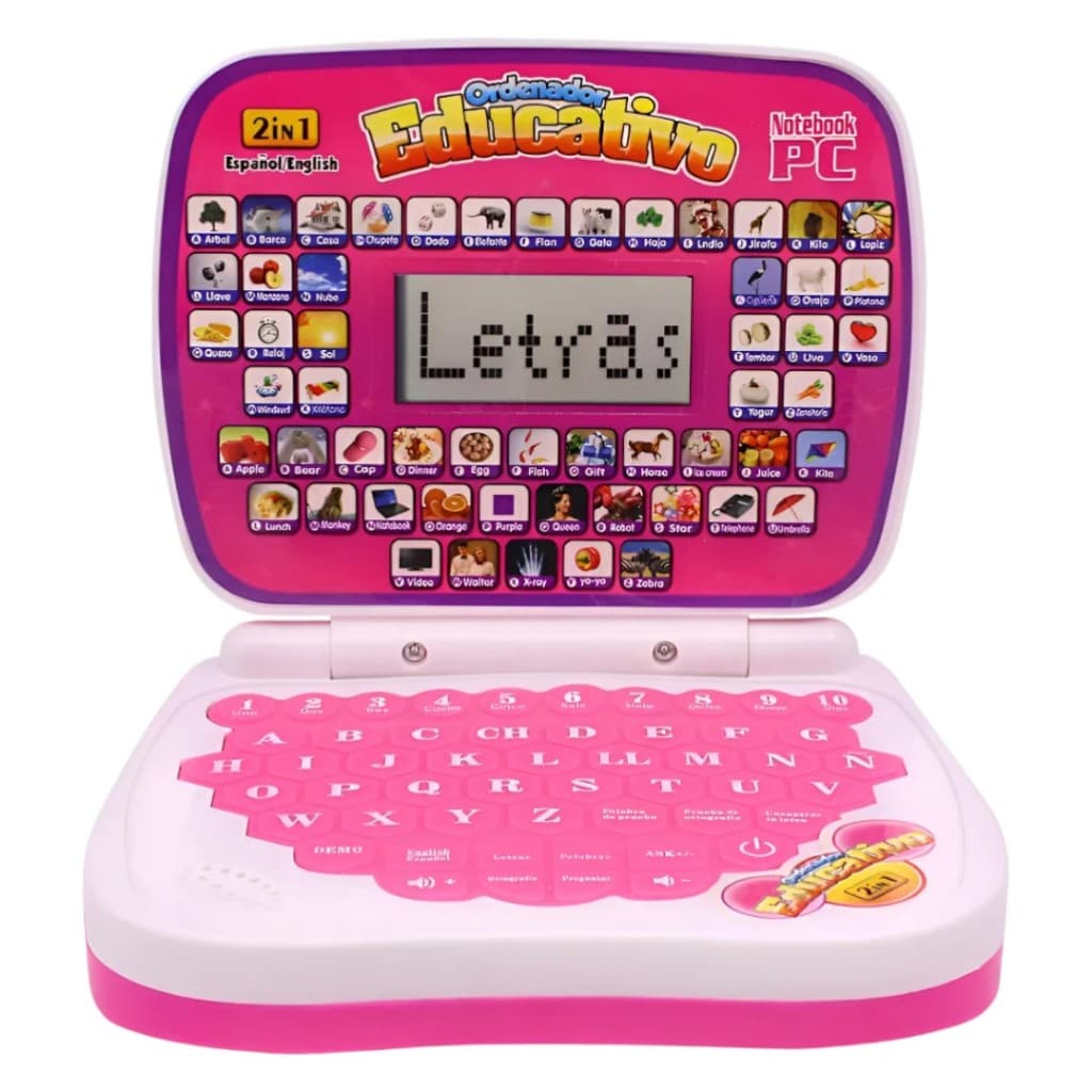 Notebook Infantil Educativo Rosa  Brinquedo Didático em Inglês e Espanhol