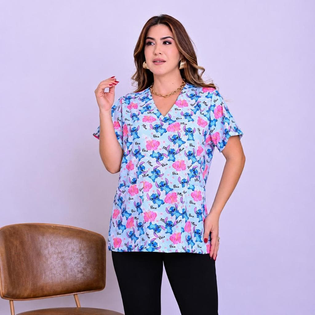Blusa Bata Pijama Cirurgico Scrub Feminina Estampada Lilo Stitch